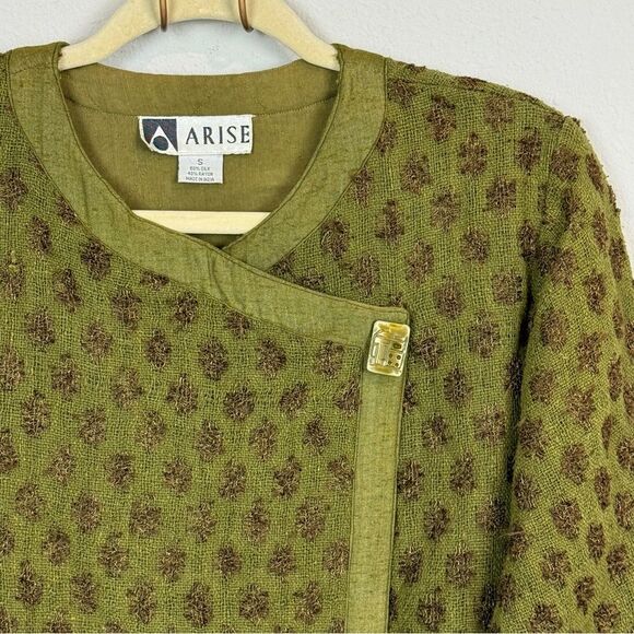 Vintage 90s Arise Green Silk Blend Woven Quilted Interior Wrap Jacket S - Picture 2 of 12